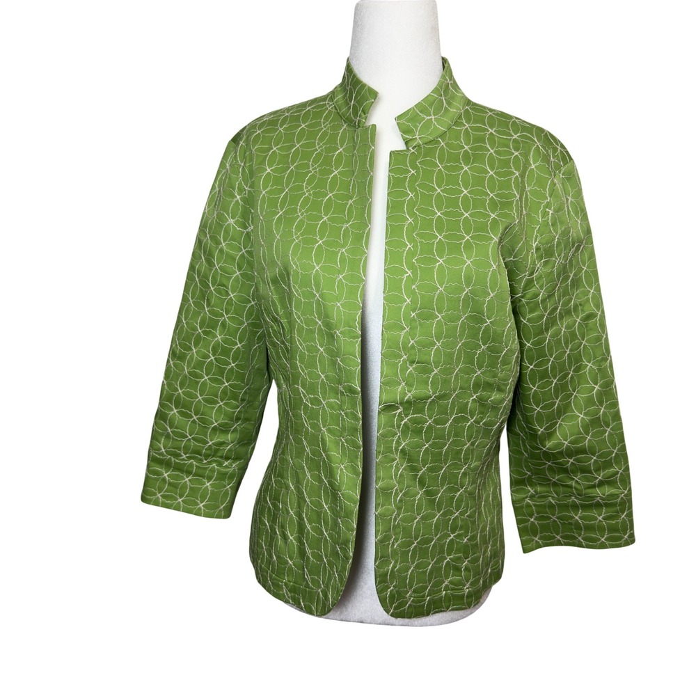 Coldwater Creek Lime Green Embroidered Blazer Mandarin Collar Open Front